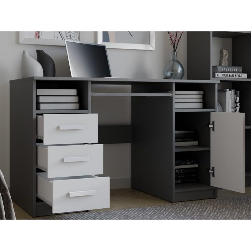 CDF Biurko DELTA ANTRACYT/BIAŁY 120 cm 3 Szuflady Szafka Półki Do Biura Pokoju Na Laptop Stylowy Wygląd Stabilna Konstrukcja Biurko z Dużą Ilością Miejsca Dodatkowy Schowek na Książki Zabawki