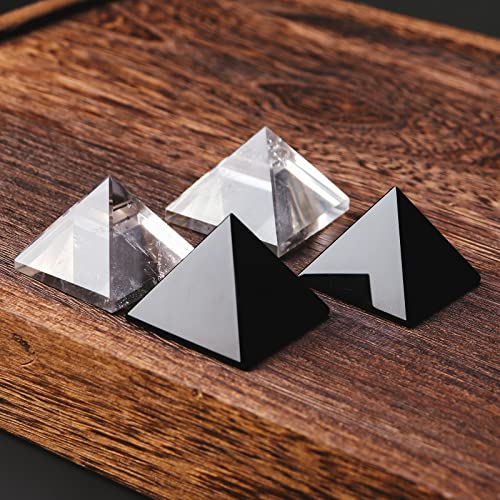 Image of Runyangshi 2pc Clear Quartz + Obsidian Pyramid | 1.6x1.6in (4x4cm) Natural Crystal Energy Generator for Protection & Positive Energy | Healing Crystal Pyramid for Chakra Reiki Home Decor