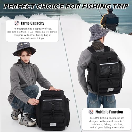 SLINRKE Mochila de pesca com suportes de vara – Bolsa grande resistente à água de 45 L para equipame