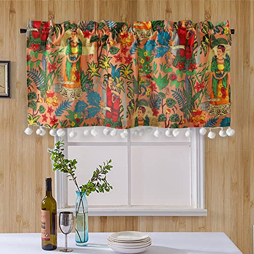 Image of Ravaiyaa - Attitude is everything Hand Printed Half Window Kitchen Curtain 1% Cotton Short Drapery Valance 4 X 18 Inch (Peach Floral, Washable, Pack Of 1Semi Sheer, Rod Pocket)