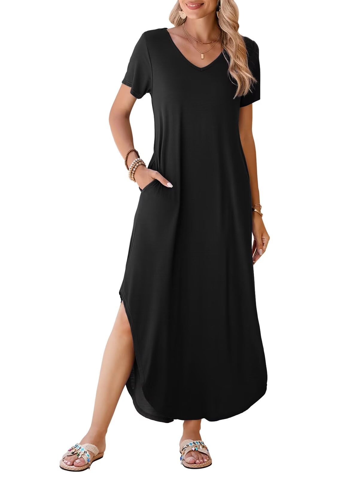 Plus Size Maxi Dress for Women Summer Casual V Neck Short Sleeve Long Dress with Pockets Beach Vacation Cover Up