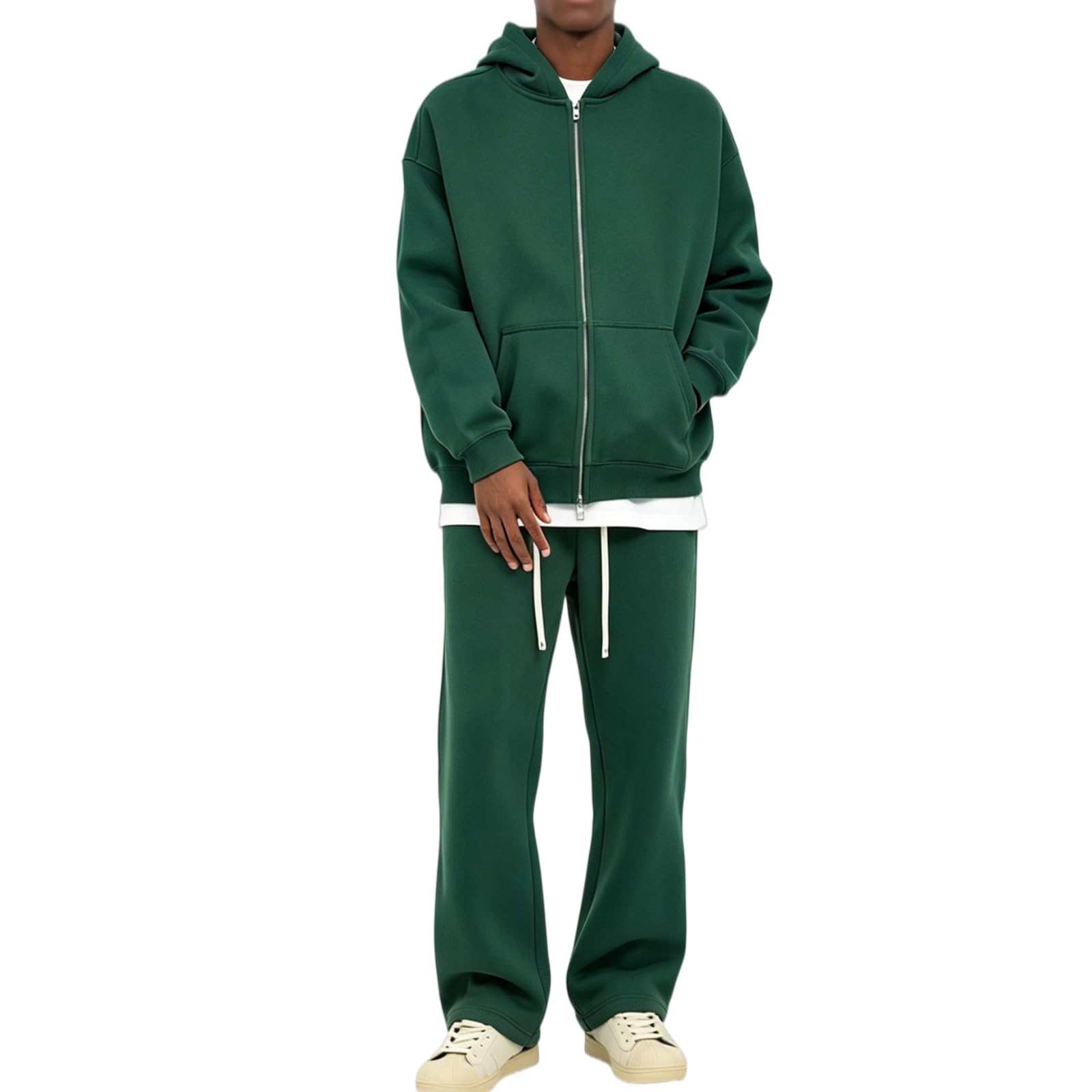 Dres, kurtka dresowa, bluza z kapturem, z zamkiem błyskawicznym, spodnie do joggingu zimowego, Ciemnozielony, S