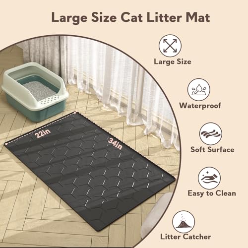 Image of Garoopion Silicone Cat Litter Mat 34x22 inch, Easy to Clean, Black