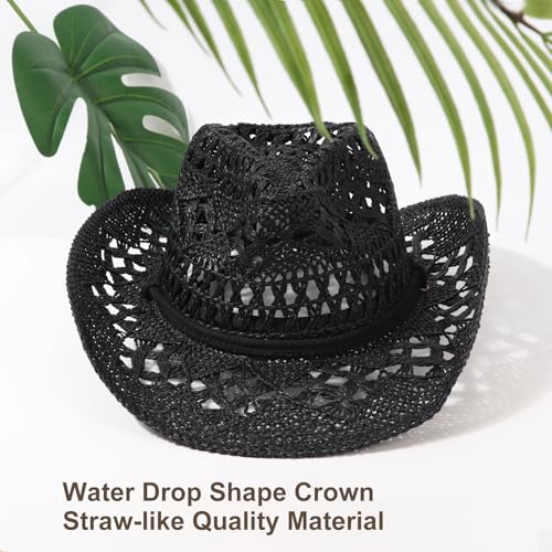 Image of DRESHOW Straw Cowboy Cowgirl Hat for Women Men Western Coastal Cowboy Beach Hat with Shapeable Brim Unisex Rolled up Caps