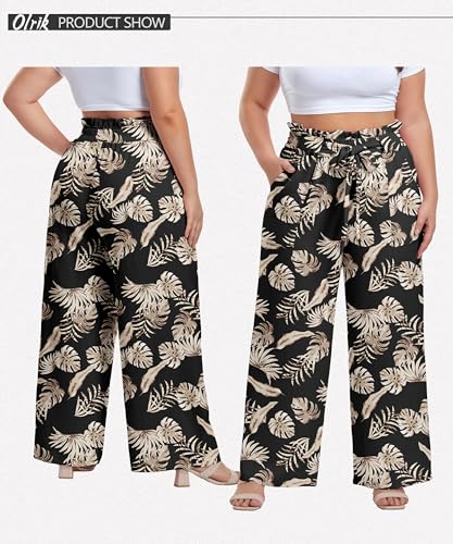 Image of OLRIK Women's Plus Size Pants Adjustable High Waisted Wide Leg Palazzo Pants Casual Trousers with Pockets Spring Clothes