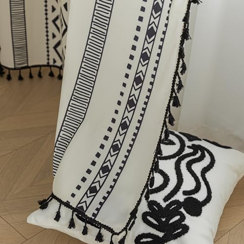 Image of Black Geometric Curtains 54 Inches Long, Boho Farmhouse Light Filtering Rod Pocket Drapes with Tassel Trim for Bedroom Living Room, 2 Panels