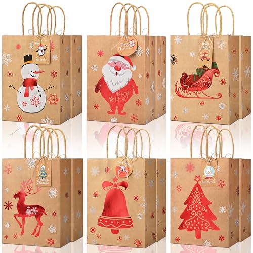 Christmas Kraft Gift Bags 12Pcs Small Xmas Wrapping Bags for Present Goody Gift Wrap Treat Candy Packing with Tags & Red Foiling Design-Elk Santa Claus for Party Favors Present Decor Supplies