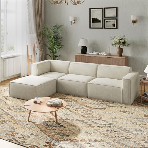 Novilla 109" Modular Sectional Sofa, No Assembly Cloud Sectional Couch with Smarts Coil® Support, Chenille Fabric L Shape Boneless Couch for Living Room Apartment, Beige (R-Arm 3 Seat w/ 1 Ottoman)