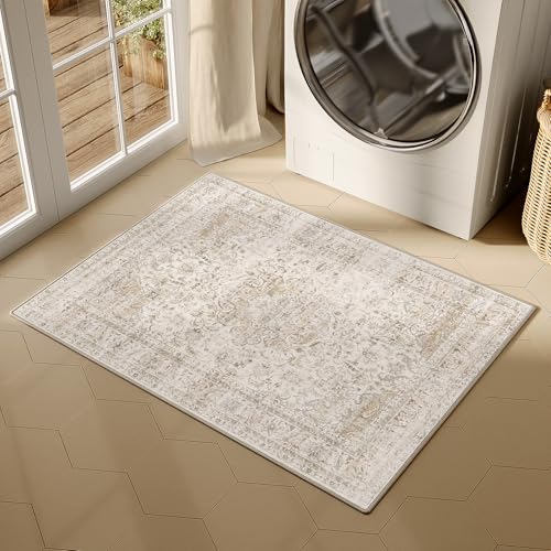 2x3 Washable Beige Vintage Area Rug for Entryway Non-Slip Low Pile Traditional Carpet Retro Distressed Soft Thin Door Mat Small Accent Throw Rug for Kitchen Entrance Bathroom Indoor