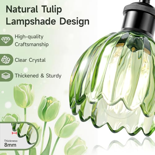 Image of Bathroom Light Fixture,2-Light Vintage Bathroom Sconces Over Mirror, Black Fancy Vanity Lights, Flower Light Fixture with Green Tulip Glass Shade for Bedroom, Living Room, E26 Base