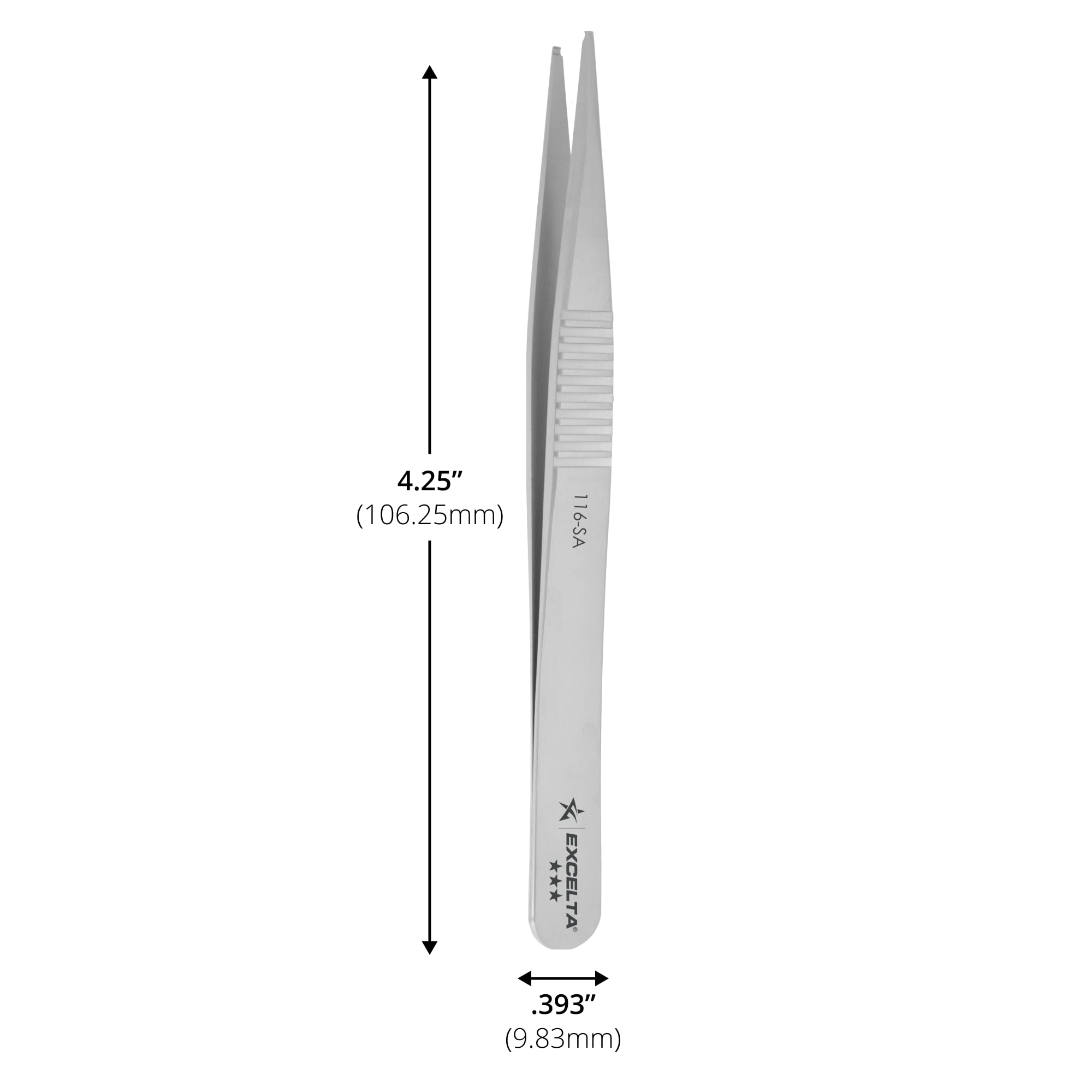 Excelta 116-SA - Pinzas SMD rectas (3 estrellas) SS – con ranura en la punta de 0,04 cm, altura de 0,06 cm, 0.39300000000000002" de ancho, 4,25" de longitud