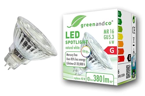 greenandco Spot a LED IRC 90+ 4000K 36° GU5.3 MR16 6W (equivalente spot alogeni 40W) 380lm (bianco neutro) SMD LED 12V AC/DC vetro, non dimmerabile