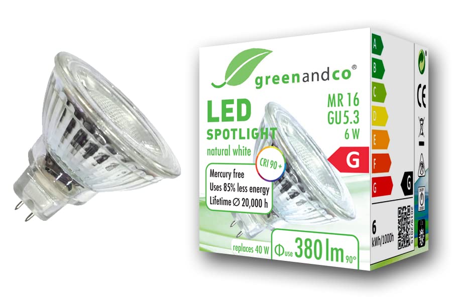 greenandco® CRI 90+ 4000K 36° LED spot Replaces 40 Watt GU5.3 MR16 Halogen Spotlight, 6W 380 Lumen Neutral White 12V AC/DC