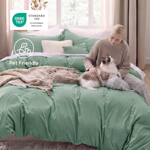 Image of Bedsure Prewashed Oversized Queen Duvet Cover, Cotton-Like Set, Sage Green | Ultra Soft, Relaxed Texture, 98 inchx98 inch Breathable Comfort, Hidden Zipper, 8 Corner Ties, Easy Care, OEKO-TEX, Year-Round Use