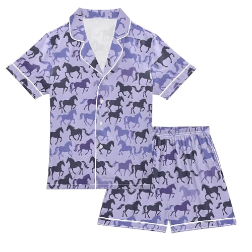 Purple Runnin Horse Summer Satin Pajama Set, Cute Button-Down Sleepwear Pj Set for Sleep Wears