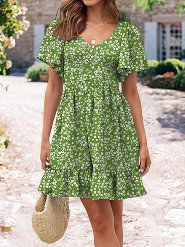 Image of UEAL Womens Cute Floral Smocked V Neck Flutter Sleeve Sundress with Pockets Casual Spring Summer Dresses for Women 2026