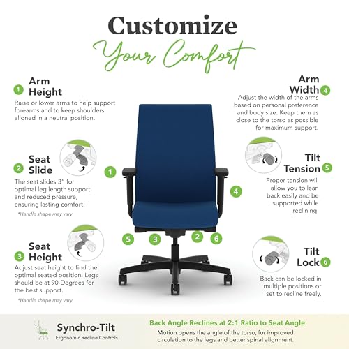 Image of HON Ignition 2.0 Ergonomic Office Chair with Adjustable Arms, Advanced Synchro‑Tilt Recline, Upholstered Desk and Computer Chair for Home Office or Workstation, Black Frame, Indigo