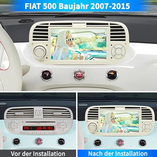Autoradio für FIAT 500 2007 2008 2009 2010 2011 2012 2013 2014 2015, Android 12 System 2G+64G mit GPS Navi CarPlay Android Auto, 7 Zoll IPS Touchscreen WLAN Bluetooth FM Lenkradkontrolle