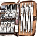 Nicpro 20PCS Crayon mécanique métallique en cuir, 0.3, 0.5, 0.7, 0.9 mm & 2mm Supports de crayons en plomb, 9 Tube (4B 2B HB 2H) Recharges de plomb(Noir & Couleurs), effacements pour dessin de dessin d'art