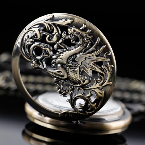 Image of Dragon Design Quartz Pocket Watch Roman Numerals with Chain Birthdays Gifts for Father's Days