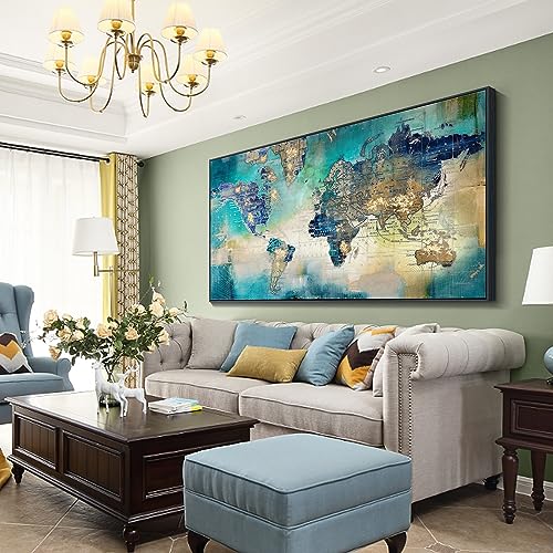Image of Pogusmavi World Map Wall Art for Living Room - Large Framed World Maps for Wall, Green Abstract Canvas Artwork for Walls, Modern Office Decor, Map Wall Art for Men (Black Framed) 29x58IN