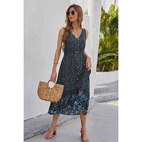 Image of BROVAVE Women Summer Bohemian Floral Print V Neck Sleeveless Sundress Flowy Casual Midi Dress