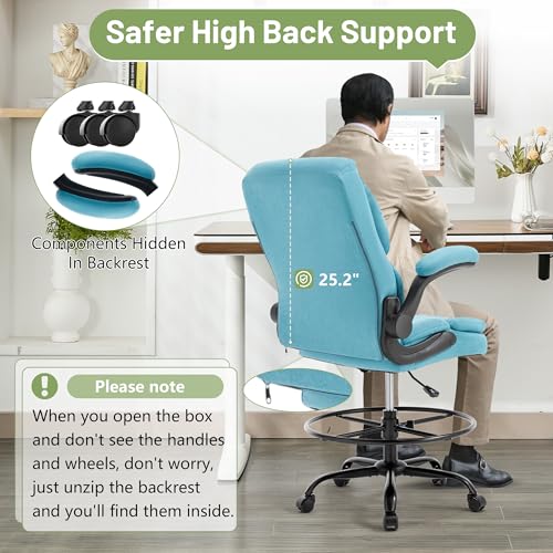 Image of 500LBS Drafting Chair, High Back Safer Standing Desk Chair, Executive Tall Office Chair with Flip-up Armrests, Upholstered Fabric Task Chair, Ergonomic Seat with Adjustable Height&Foot Ring, Blue