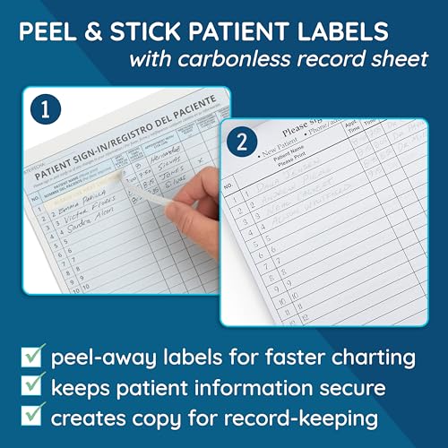 Image of Blue Summit Supplies 125 Bilingual Patient Sign in Sheets, HIPAA Compliant, English and Spanish, Peel Off Adhesive Labels Carbonless 3 Part Forms with, for Doctors Office, Blue, 125 Pack