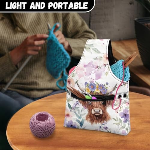 Image of ZUXONGSY Highland Cow Yarn Tote Bags for Crocheting Wildflower Knitting Tote Bag Lightweight Knitting Accessories Crochet Organizers and Storage