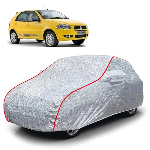 Image of Sulfar 100% Waterproof Car Body Cover Compatible with Mirror for Fiat Palio D (Triple Stitched, Full Bottom Elastic, Magic Silver with Red Piping)