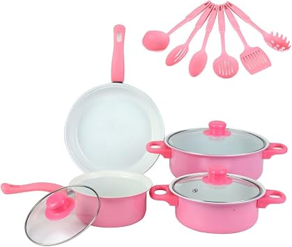 12Pcs Non Stick Cookware Set Cooking Pot Set with Lid for All Hob Pink