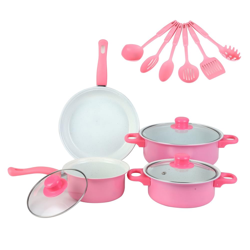 Juego de 12 utensilios de cocina antiadherentes con tapa para todo tipo de fuegos (rosa)
