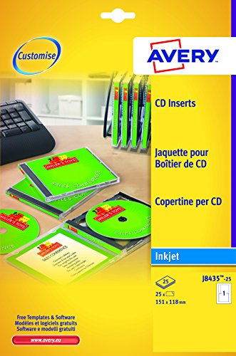 Avery España J8435-25 - Pack de 25 portadas para CD, 151 x 121/151 x 118 mm, color blanco