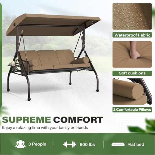 Image of SUNCROWN Outdoor 3 in 1 Porch Swing Chair, 3 Seat Patio Swing Glider with Adjustable Canopy, Heavy Duty Swings with Thickened Cushions, Pillows & Cup Holders for Garden, Backyard, Porch, Brown