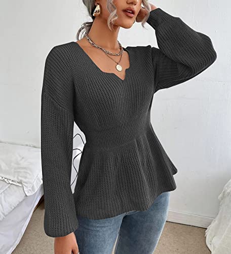 Image of Veatzaer Womens V Neck Sweaters Fall Trendy Casual Long Lantern Sleeve Ribbed Knit Pullover Sweater Tops