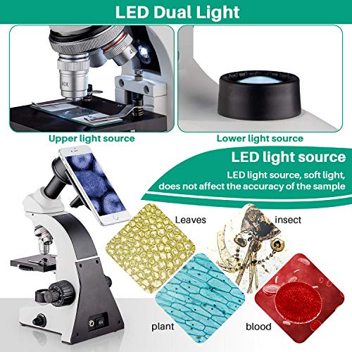 BEBANG 100X-2000X Microscope, All-Metal Optical Glass Lenses, Coarse and Fine Focusing, 25X Widefield Eyepiece and Complete Accessories Kit
