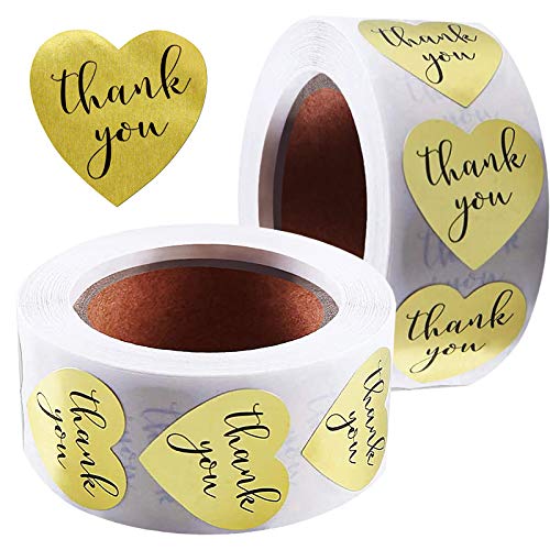 Florl Thank You Stickers Roll 1.5 Inch 8 Designs Round Business Stickers 500 Adhesive Thank You Labels for Small Business Gifts Envelopes Packaging Seal (Golden Heart Thank You Stickers)