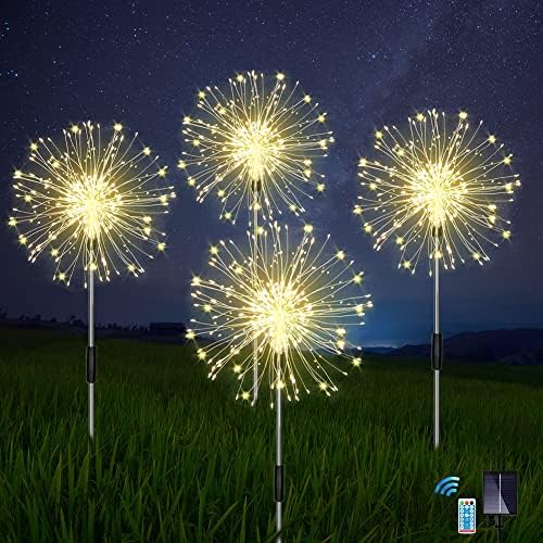 Joysing Solar Firework Lights 4 x 120 LED Garden Lights Solar Powered, 8 Modes Starburst Lights with Remote, Waterproof Firefly Lights for Backyard Patio Wedding Decoration(Warm White)