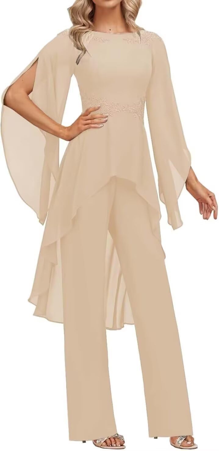 2 Pieces Chiffon Mother of The Bride Pant Suits for Wedding Lace Appliques Formal Outfits Ruffle Sleeve Pantsuits