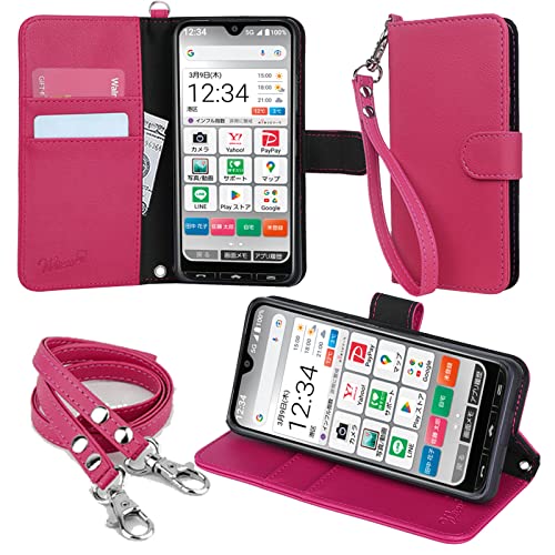 wisers かんたんスマホ3 簡単スマホ3 A205KC 対応 手帳型スマホケース (ピンク) ストラップ 2種付き (ハンドストラップ/ネックストラップ)