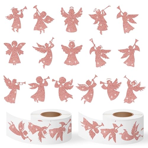 Image of Christmas Foil Angel Stickers - 1000 Pcs Rose Gold Angel Waterproof Vinyl Reusable Laptop Stickers Coloring Book Scrapbook Water Bottle Page Activity Pad Birthday Party Favors Kids Skateboard