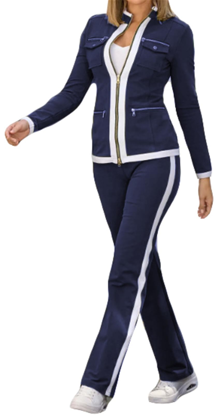 Womens Sexy 2 Pieces Colorblock Blazer Zipper Jackets Bodycon Pants Party Clubwear Tracksuit Outfits Set