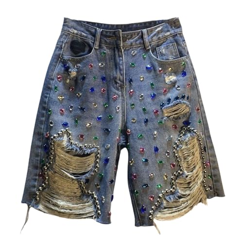 HGKPFGTF Womens Ripped Rhinestone Jean Shorts Distressed Frayed Fringe Tassel Fashion Jeans Shorts S-3XL,Blue,XL