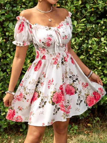 Image of Floerns Women's Floral Print Off Shoulder Ruffle Puff Sleeve Smocked Short Dress