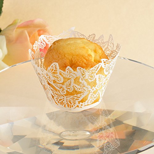 Derker 50 Pcs Laser Cut Cupcake Collars Butterfly Cupcake Wrappers Wraps Wedding Birthday Baby Shower Party Cupcake Decorations (White) #TOP6