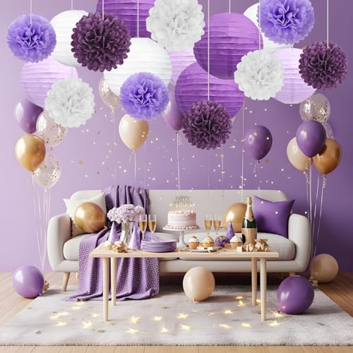 Image of 18 PCS Purple White Paper Lanterns & Tissue Paper Pom Poms for Women Birthday, Baby Shower, Wedding, Bridal Shower, Hanging Paper Decor for Graduation Theme Party Supplies
