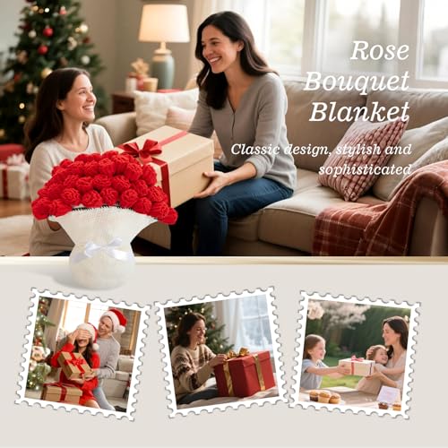 Image of Flower Bouquet Blanket, Birthday Gifts for Mom Teacher Women Grandkids Wife Girlfriend Her, Crochet Flower Blanket, Soft Knitted Throw Blankets for Teacher Appreciation Housewarming Gifts (Red Roses)