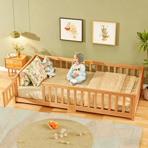 90x190cm Floor bed with door For boys girls Solid pine wood Montessori Floor Bed with Fall Protection and Slatted Frame Load capacity up to 100 kg For boys girls Single beds (Natural wood)