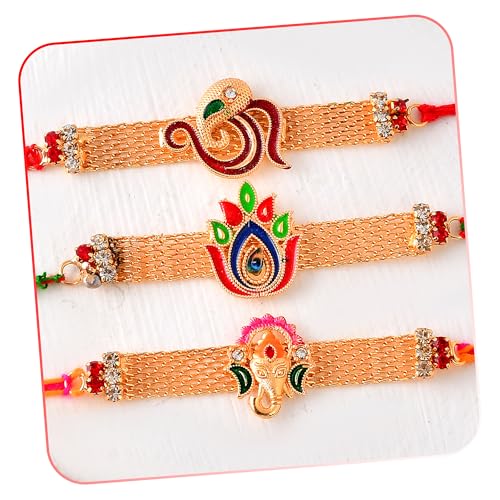 Image of CraftVatika Rakhi Set for Brother | Rakhi for Brother Set of 3, Ganesha, Om and lotus rakhi for Bhai Boy Men Bhaiya | Bracelet Rakhis, Rakshabandhan Rakhis with Best Wishes Card Tilak Set