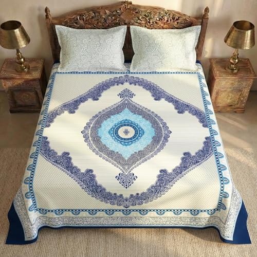 Image of Story@Home Rajasthani Heritage Jaipuri Sanganeri Handblock Print Double Bedsheet 250x225 cm & Pillow Covers | Cotton Feel 240 TC Soft Fabric | Blue White Ethnic Motif | Breathable & Wrinkle Resistant